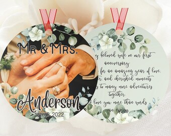 Personalized Wedding Anniversary Photo Ornament, Mr and Mrs Couple Ornament, First Christmas Wedding Anniversary Gift, Newlywed Ornament