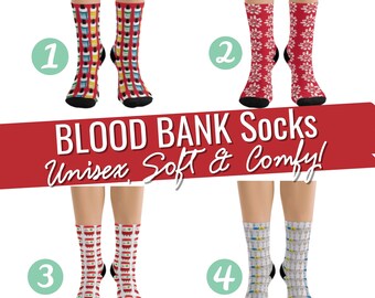 May include: Four pairs of colorful socks with different designs. The socks feature a blood bank theme with images of blood bags and other medical symbols. The socks are labeled with numbers 1 through 4. The text "Blood Bank Socks Unisex Soft & Comfy!" is displayed on a red ribbon.