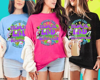 May include: Three t-shirts in different colors with a graphic design of a microscope, test tubes, and the text "Another Case Medical Lab Scientist Solved By A". The t-shirts are in Carolina Blue, Heliconia, and Black.