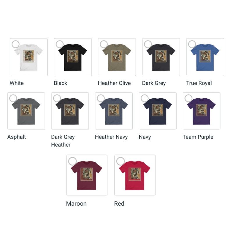 May include: A selection of t-shirts in various colors, including white, black, heather olive, dark grey, true royal, asphalt, dark grey heather, heather navy, navy, team purple, maroon, and red. Each t-shirt features a graphic print of a person holding a book.