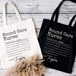 May include: Two tote bags with the text "Wound Care Nurse" and a definition of the term. The bags are white and black with the text in a contrasting color. The name "Taylor" is printed at the bottom of each bag.