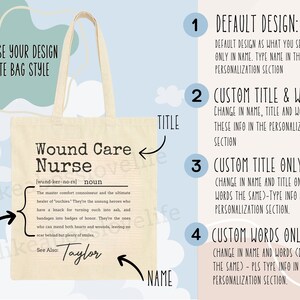 May include: A beige tote bag with a design that says "Wound Care Nurse" with a definition and the name "Taylor". The bag has a black handle and is a great gift for a nurse.