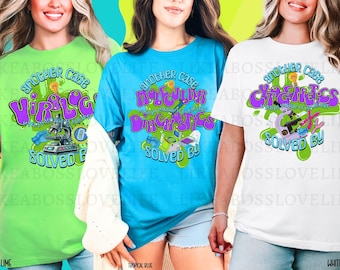 May include: Three t-shirts with a science theme. The lime green shirt says "Another Case Solved By Virology". The tropical blue shirt says "Another Case Solved By Microbiology". The white shirt says "Another Case Solved By Cytogenetics".