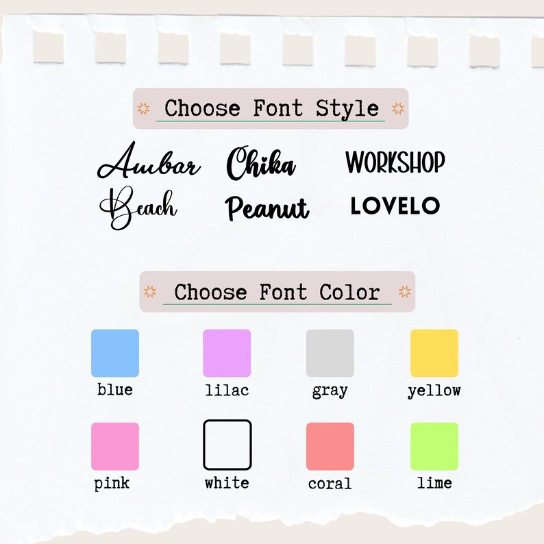 Peut inclure: Un graphique avec une liste de styles et de couleurs de polices. Les styles de polices sont&nbsp;: Ambar, Chika, Beach, Peanut, WORKSHOP et LOVELO. Les couleurs de polices sont&nbsp;: bleu, lilas, gris, jaune, rose, blanc, corail et vert lime.