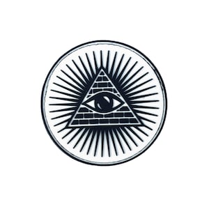 May include: A black and white circular patch featuring a black pyramid with an eye inside. The pyramid has a brick pattern and the eye is looking directly at the viewer. The pyramid is surrounded by a circle of black rays.