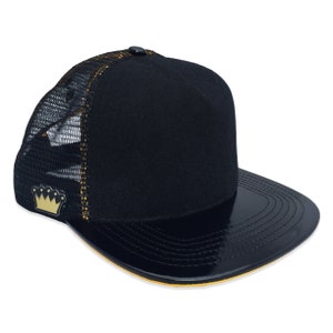 Kids Snapback Baseball Tactical Hat from Custom Crowns™ in Black Mesh + Patent Leather Peak |  includes 1 x FREE Hook and Loop Patch