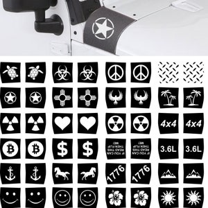 May include: A set of 40 black and white Jeep Wrangler decal stickers. The stickers feature various designs, including a peace sign, a heart, a star, a palm tree, a skull and crossbones, a dollar sign, a Bitcoin symbol, an anchor, a horse, a smiley face, a hibiscus flower, and the text "IF YOU CAN READ THIS THEN FLIP ME!" and "1776".