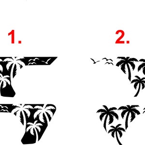 K&ouml;nnte beinhalten: Zwei Schwarzwei&szlig;bilder von Palmen mit V&ouml;geln, die dar&uuml;ber fliegen. Das erste Bild zeigt drei Palmen mit V&ouml;geln, die dar&uuml;ber fliegen. Das zweite Bild zeigt vier Palmen mit V&ouml;geln, die dar&uuml;ber fliegen.