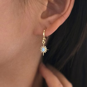 Dainty Opal Sunburst CZ Huggie Earrings, Gold Filled Huggies with Charm, Huggies with Charm, Gold Plated Huggies, Charm Huggie Hoops Gold