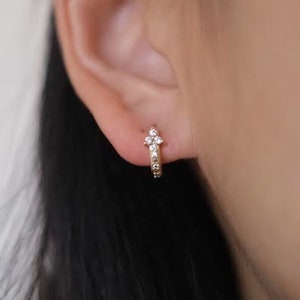 18k Gold Plated Flower Huggie Hoop Earrings, Cubic Zirconia Huggie Earrings, Gold Huggie Earrings, Real 18k Gold Plated, Womens  Earrings
