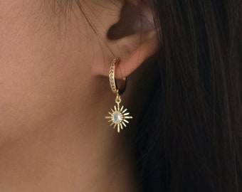 18k Gold Plated CZ Starry Charm Huggie Earrings, Small Hoop 18k Gold Plated CZ Starry Charm Huggie Earrings, Small Hoop