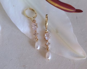 14k Gold Plated CZ Mini Drop Huggies, Cubic Zirconia Earrings, Elegant Earrings, Clear or Emerald Short Drop Earrings, Bridal Earrings, Gold