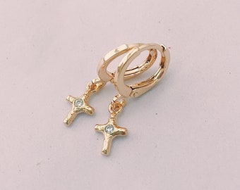 Dainty Cross Huggie Hoops Earrings, Small Hoop Earrings With Charm, Minimalist Earrings, Christian Jewelry, Gold Earrings, Cross Earrings