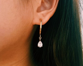 CZ Teardrop Gold Hoops, Crystal Charm Hoop Earrings, Earring With Charm, Elegant Gold Earrings, Half Hoop Earrings, CZ Gold Charm Earrings