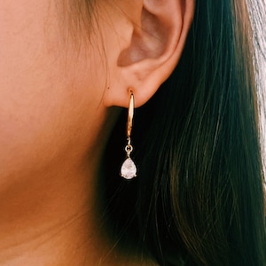 CZ Teardrop Gold Hoops, Crystal Charm Hoop Earrings, Earring With Charm, Elegant Gold Earrings, Half Hoop Earrings, CZ Gold Charm Earrings