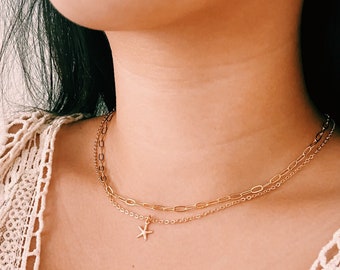 14k Gold Filled Dainty Seastar Chain Layer Necklace Set, 14k Gold Dainty Necklace, Tiny Star Necklace, Starfish Necklace, Gold Necklace Set