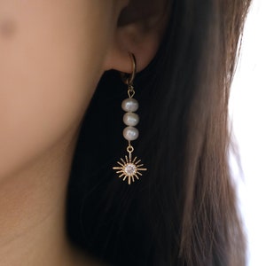 18k Gold Sunny Drop Pearl Earrings, Hoops with Charm, Genuine Freshwater Pearls, Pearl Dangle Earrings, Gold Dangle Earrings, CZ Earrings image 1