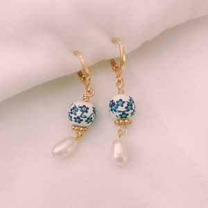 Dainty Blue Porcelain Genuine Freshwater Pearl Gold Huggie Earrings, Blue White Floral Porcelain Earrings, Small Hoop Earrings, Gold Earring