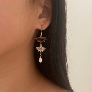 English Violet Crystal-Pearl Dangle Earrings, Women&#39;s Earrings, Drop Dangle Earrings, Bridal Bridesmaid Earrings, Elegant Handmade Earrings