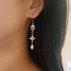 Floral Blue Porcelain Crystal-Pearl Dangle Earrings, Women&#39;s Dangle Earrings, Elegant & Unique Earrings, Blue and White Porcelain Earrings