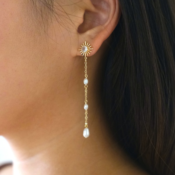 Pearl CZ Sun Stud Dangle 18k Gold Earrings, Gold Plated Earrings, Genuine Freshwater Pearl Earrings, Pearl Drop Earrings, Bridal Earrings