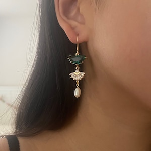 Emerald Crystal-Pearl Dangle Earrings, Women's Earrings, Drop Dangle Earrings, Bridal Bridesmaid Earrings, Elegant Handmade Earrings, Gold