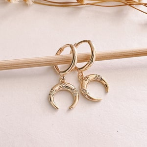 18K Gold Plated Cresent Horn CZ Hoop Earrings, Gold Huggie Earrings With Charm, Gold Medallion Earrings, Gold Earrings, Gold Hoop Earrings image 2