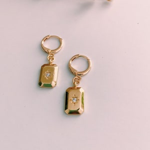 18K Gold Plated Star Medallion Huggie Hoop Earrings, Gold Huggie Earrings With Charm, Gold Medallion Earrings, Gold Earrings, Hoop Earrings
