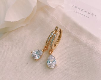 Teardrop CZ Pave Huggie Gold Hoops, Cubic Zirconia Hoops, Small Huggie Hoops, Crystal Huggie Hoops, Huggies With Crystal Charm