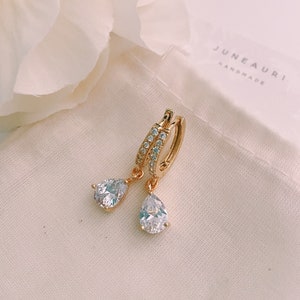 Teardrop CZ Pave Huggie Gold Hoops, Cubic Zirconia Hoops, Small Huggie Hoops, Crystal Huggie Hoops, Huggies With Crystal Charm