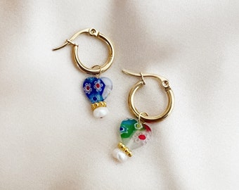 Millefiori Glass Heart Genuine Freshwater Pearl Gold Small Hoop Earrings, Millefiori Earrings, Small Hoop Earrings, Gold Hoops with Charms