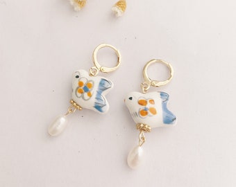 Porcelain Lovebirds Genuine Freshwater Pearl Earrings, Blue Porcelain Dangle Earrings, Unique Earrings, Porcelain Dove Earring, Gold Hoops