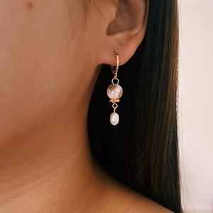 Dainty Floral Gold Porcelain Genuine Freshwater Pearl Gold Huggie Earrings, Floral Porcelain Earrings, Small Hoop Earrings, Gold Earring