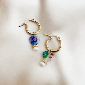 Millefiori Glass Heart Genuine Freshwater Pearl Gold Small Hoop Earrings, Millefiori Earrings, Small Hoop Earrings, Gold Hoops with Charms image 1