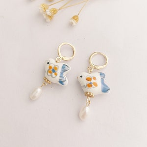 Porcelain Lovebirds Genuine Freshwater Pearl Earrings, Blue Porcelain Dangle Earrings, Unique Earrings, Porcelain Dove Earring, Gold Hoops