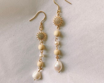 Sun Crystal-Pearl 18k Gold Plated Dangle Earrings, Women Earrings, Boho Earrings, Pearl Earrings, Wood Earring, Drop Earrings, Gold Earrings