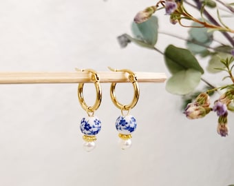 Dainty Blue Porcelain Genuine Freshwater Pearl Gold Small Hoop Earrings, Blue White Floral Porcelain Earrings, Small Hoop Earrings, Hoops