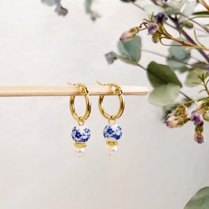 Dainty Blue Porcelain Genuine Freshwater Pearl Gold Small Hoop Earrings, Blue White Floral Porcelain Earrings, Small Hoop Earrings, Hoops