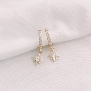North Star CZ Gold Huggie Hoop Earrings, Small Gold Hoops, CZ Huggie Hoops with Charm, Hoop Earrings With Star Charm, Paved Huggie Hoops