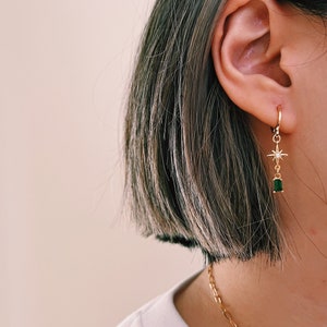 Emerald Celestial CZ 18K Gold Plated Huggie Hoop Earrings, Genuine Gold Plated Earrings, Cubic Zirconia Gold Earrings, Gold Star Earrings