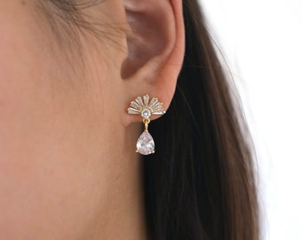 CZ Fan Diamond Studs, Gold Cubic Zirconia Earrings, Stud Earrings, Stud Diamond Earrings, Formal Wear Earrings, Wedding Earrings