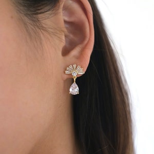 CZ Fan Diamond Studs, Gold Cubic Zirconia Earrings, Stud Earrings, Stud Diamond Earrings, Formal Wear Earrings, Wedding Earrings image 1