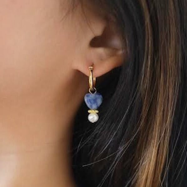 18k Natural Blue Spot Jasper Heart Hoop Earrings, Genuine Freshwater Pearl Earrings, Small Hoop Earrings, 18k Gold Plated Hoops with Charm