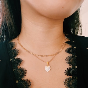 14k Gold Pearl Heart Charm Chain Necklace Set, Gold Filled Necklace, Gold Filled Paperclip Necklace, Necklace With Pearl Charm,