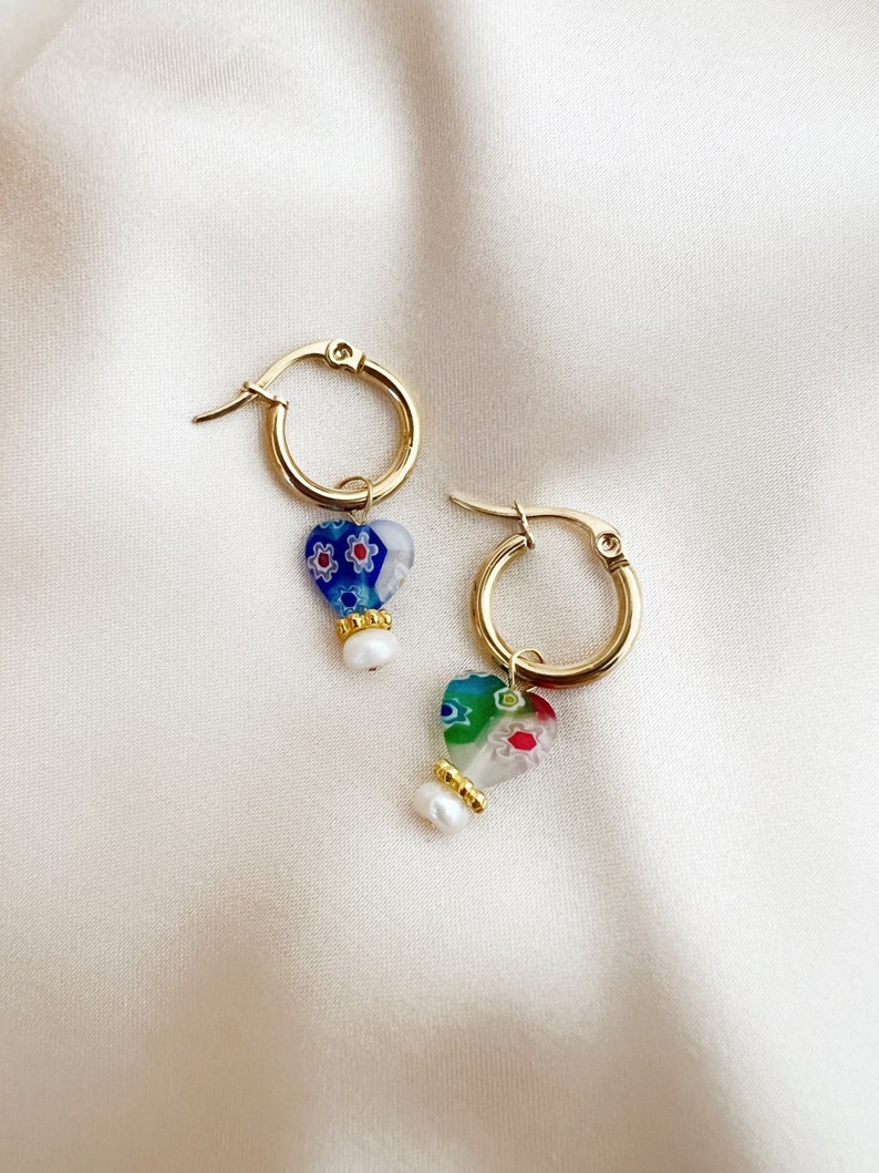 Millefiori Glass Heart Genuine Freshwater Pearl Gold Small Hoop Earrings, Millefiori Earrings, Small Hoop Earrings, Gold Hoops with Charms image 1