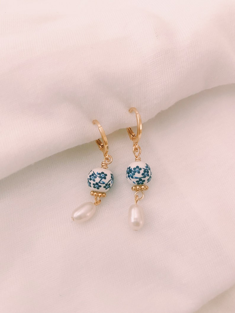 Dainty Blue Porcelain Genuine Freshwater Pearl Gold Huggie Earrings, Blue White Floral Porcelain Earrings, Small Hoop Earrings, Gold Earring image 1