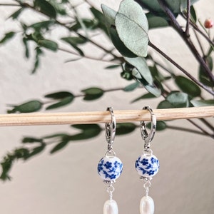 Dainty Blue Porcelain Genuine Freshwater Pearl Gold Huggie Earrings, Blue White Floral Porcelain Earrings, Small Hoop Earrings, Gold Earring image 3