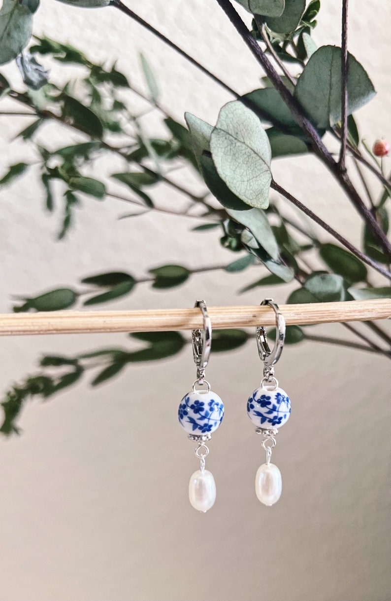 Dainty Blue Porcelain Genuine Freshwater Pearl Gold Huggie Earrings, Blue White Floral Porcelain Earrings, Small Hoop Earrings, Gold Earring image 3