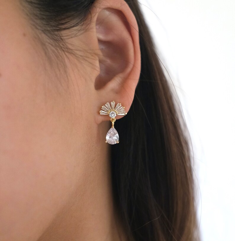 CZ Fan Diamond Studs, Gold Cubic Zirconia Earrings, Stud Earrings, Stud Diamond Earrings, Formal Wear Earrings, Wedding Earrings image 1
