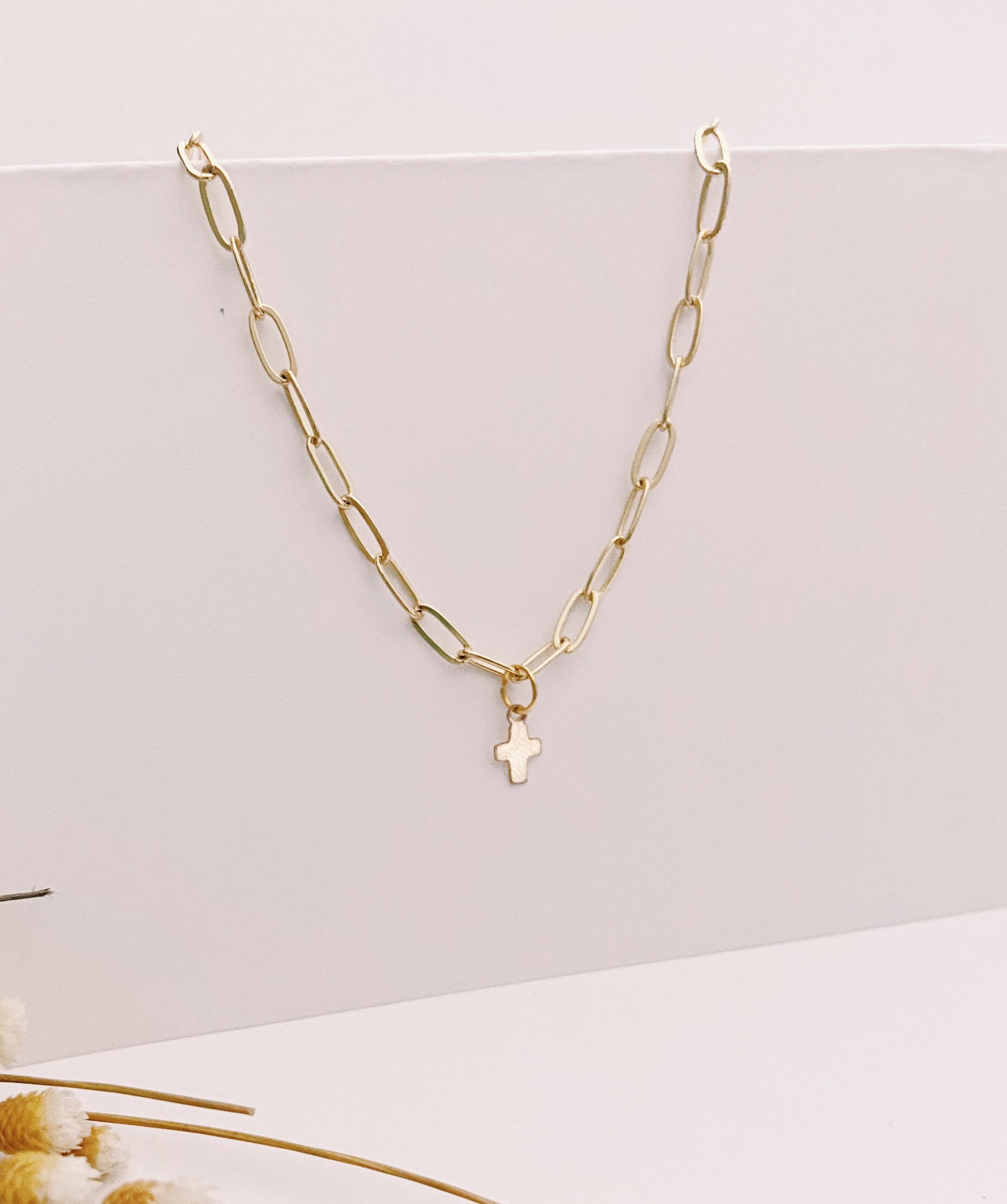 14k Gold Tiny Cross Paperclip Chain Necklace Gold Filled Etsy UK